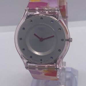 Swatch Ultra-Thin Pink and Yellow Brushstroke Resin Strap Watch